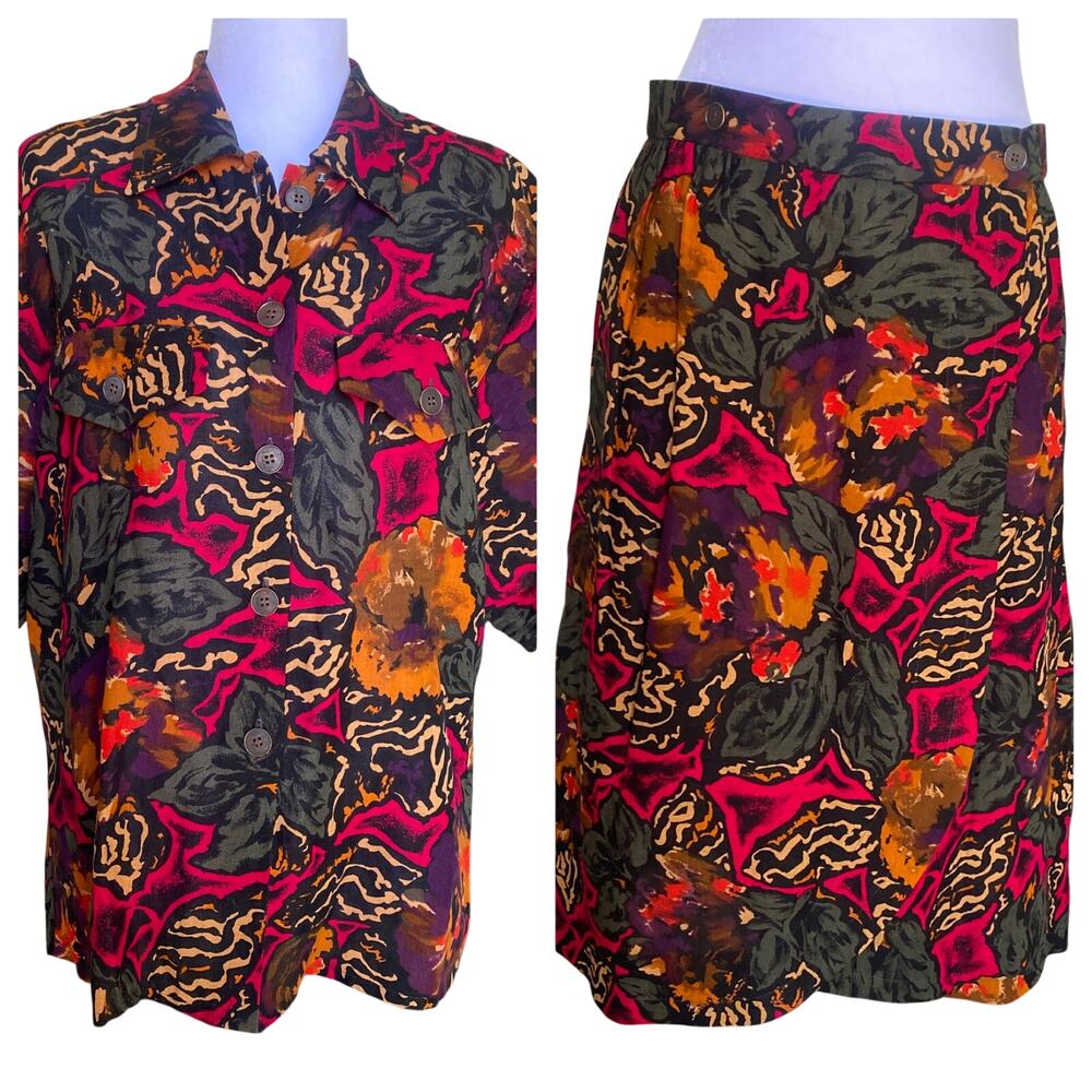 Vintage JAEGER 2 Piece Set Linen Blend Floral Blouse & Skirt Made Great Britain